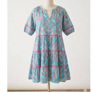 Michelle McDowell Tropical Palm Tiered Mini Dress Pink Teal Lace Trim Small